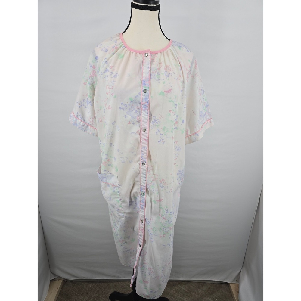 Vintage Cathy Floral Duster Robe Pink Pastel Snap Front Housecoat Large
